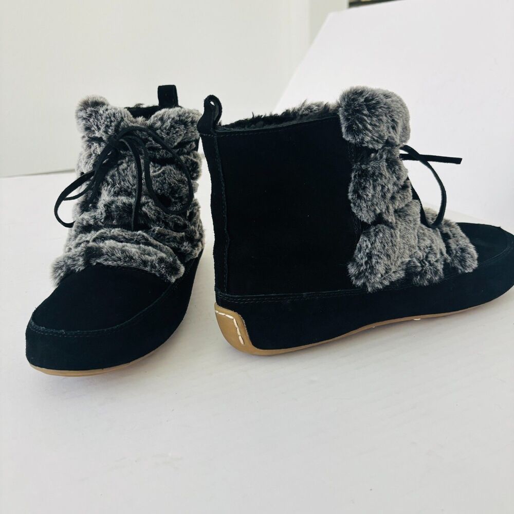Lucky Brand Moccasin Suede Booties Black With Faux Fur Lining Size 9 Gorpcore